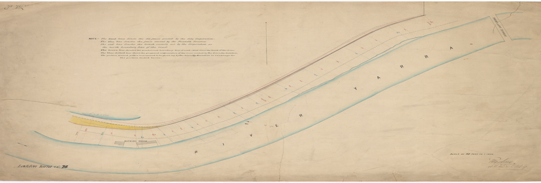 River Yarra, 16 December 1869, VPRS 8168/P2 Unit 2794 Historic plan of the Yarra River, watercolour drawing, 1869